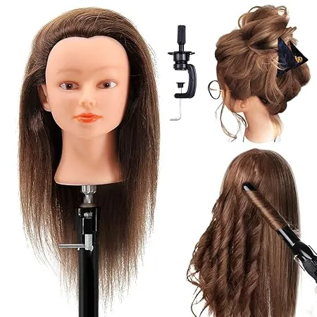 GRANDGLOW Mannequin Head with 100% Human Hair 18 Real Hair Cosmetology Training Doll Head for Hair